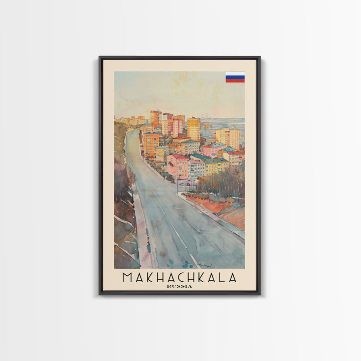 Makhachkala Russia Travel Poster Framed Canvas Print, Coastal Cityscape, Watercolor Art, Wall Hanging, Home Decor, Travel Print, Artistic Gift