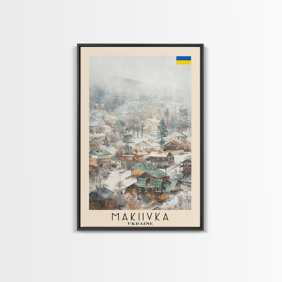 Makiivka Ukraine Travel Poster Framed Canvas Print, Urban Landscape, Watercolor Painting, Wall Art, Home Decoration, Travel Print, Unique Art