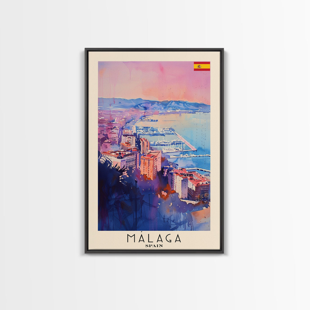 Malaga Spain Travel Poster Framed Canvas Print, Vibrant Coastline, Watercolor Art, Wall Decoration, Interior Decor, Travel Print, Unique Artwork