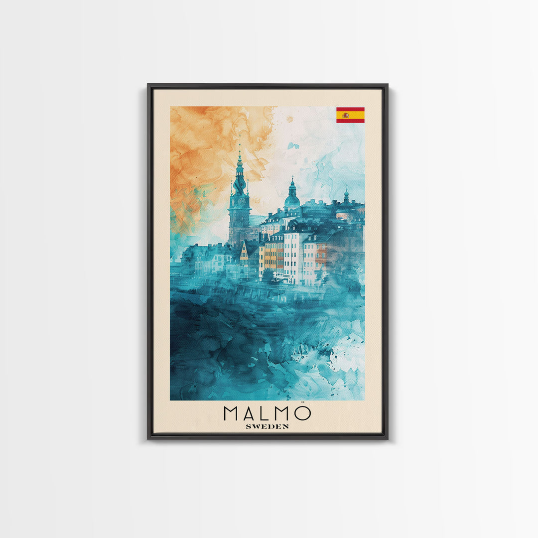 Malmo Sweden Travel Poster Framed Canvas Print, Modern Cityscape, Urban Art, Wall Hanging, Home Decor, Travel Print, Original Piece