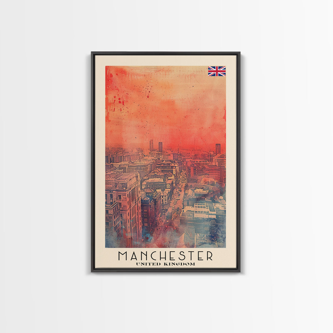 Manchester United Kingdom Travel Poster Framed Canvas Print, Iconic Landmarks, Watercolor Painting, Wall Decor, Interior Art, Travel Print, Artistic Gift