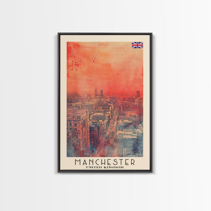 Manchester United Kingdom Travel Poster Framed Canvas Print, Iconic Landmarks, Watercolor Painting, Wall Decor, Interior Art, Travel Print, Artistic Gift
