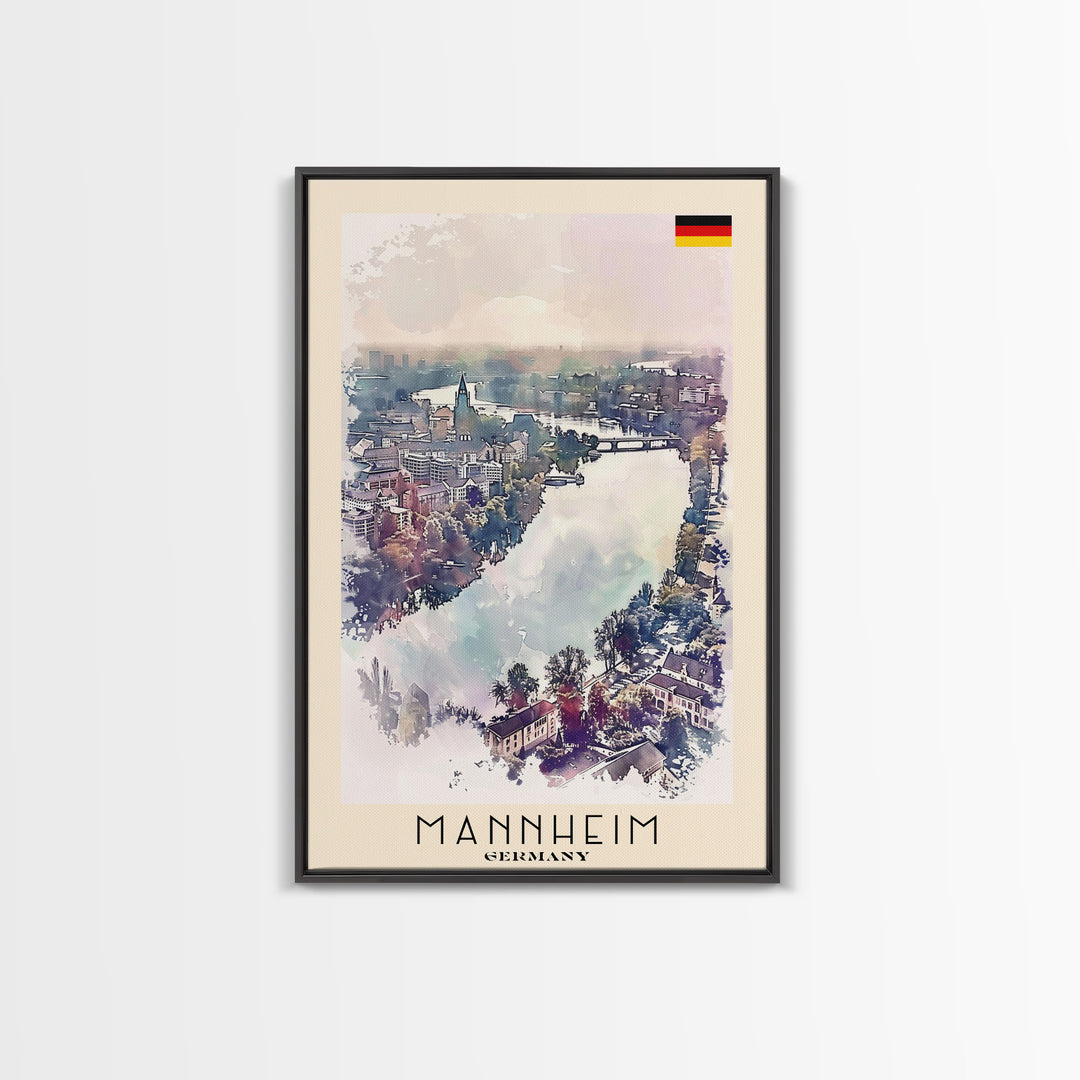 Mannheim Germany Travel Poster Framed Canvas Print, Historic Architecture, Watercolor Art, Wall Hanging, Interior Decor, Travel Print, Original Painting