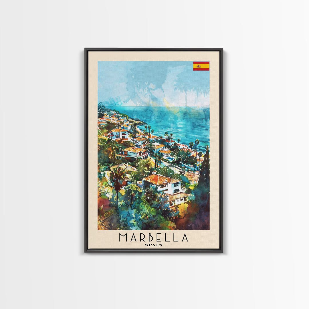 Marbella Spain Travel Poster Framed Canvas Print, Coastal Cityscape, Watercolor Painting, Wall Decor, Home Decoration, Travel Print, Artistic Piece