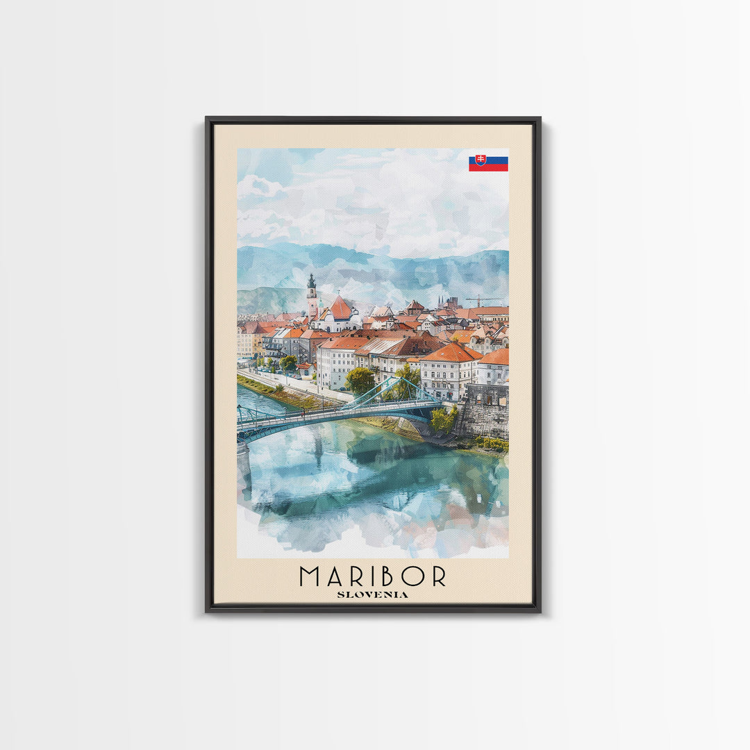 Maribor Slovenia Travel Poster Framed Canvas Print, Urban Landscape, Watercolor Art, Wall Hanging, Home Decor, Travel Print, Original Art