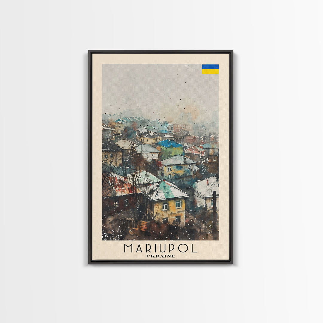 Mariupol Ukraine Travel Poster Framed Canvas Print, Scenic Cityscape, Watercolor Painting, Wall Decor, Interior Design, Travel Print, Unique Artwork