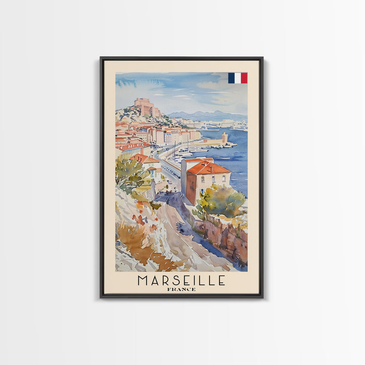 Marseille France Travel Poster Framed Canvas Print, Vibrant Cityscape, Watercolor Art, Wall Hanging, Home Decoration, Travel Print, Artistic Gift