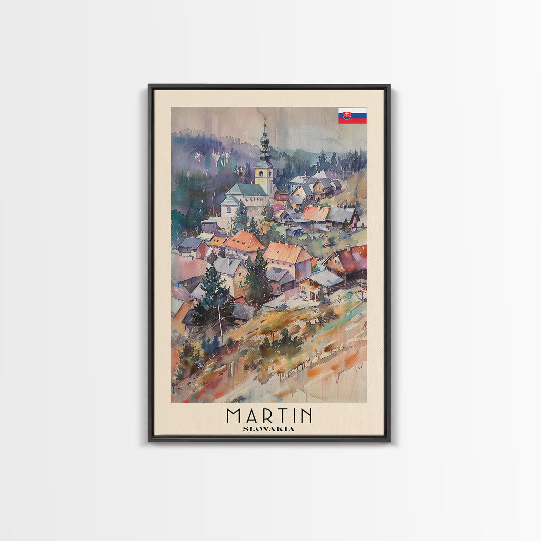 Martin Slovakia Travel Poster Framed Canvas Print, Scenic Mountain Landscape, Watercolor Art, Wall Decor, Home Interior, Travel Print, Unique Artwork