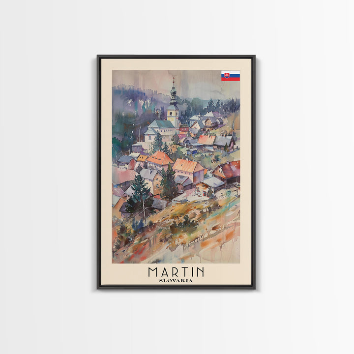 Martin Slovakia Travel Poster Framed Canvas Print, Scenic Mountain Landscape, Watercolor Art, Wall Decor, Home Interior, Travel Print, Unique Artwork
