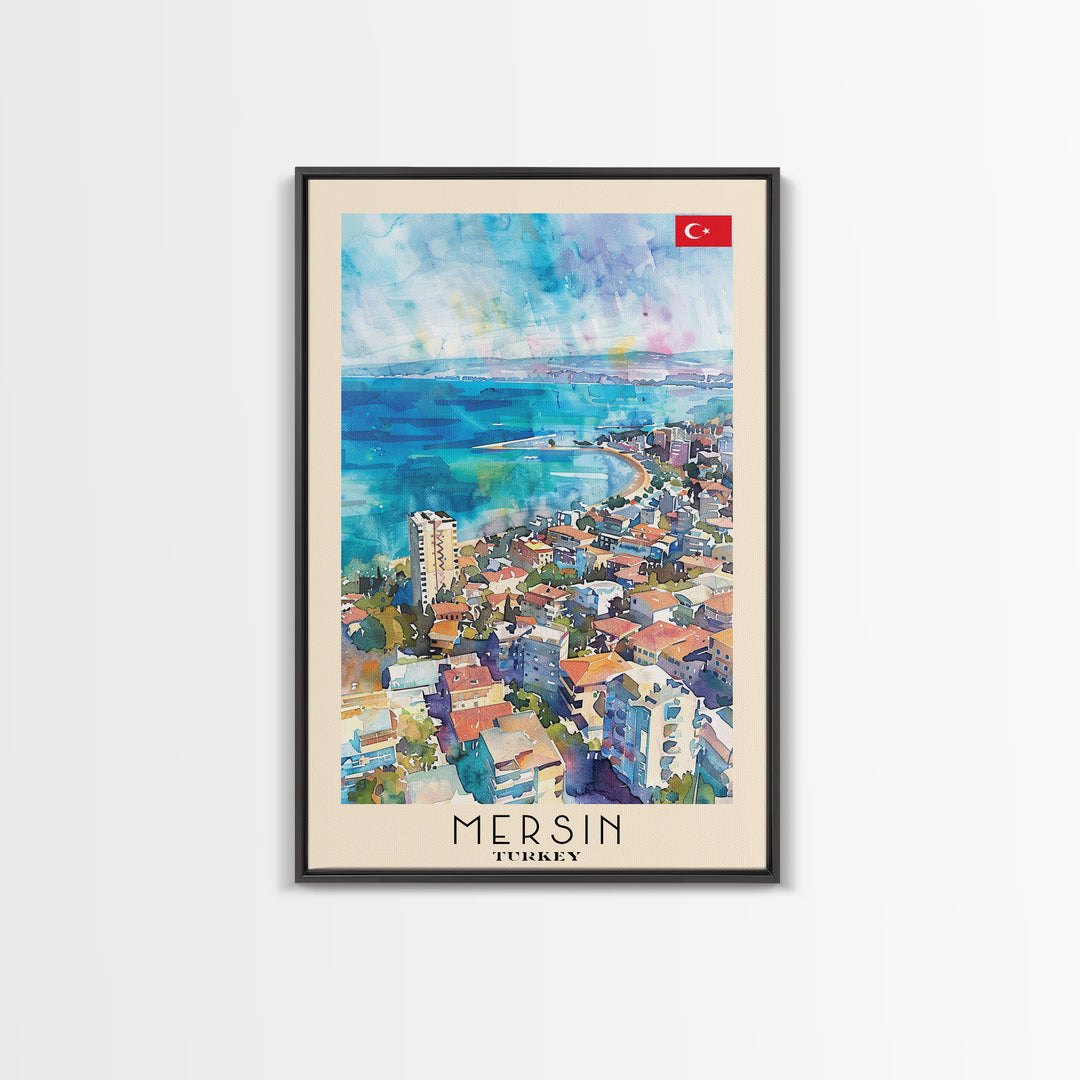 Mersin Turkey Travel Poster Framed Canvas Print, Coastal Landscape, Watercolor Art, Wall Decoration, Interior Design, Travel Print, Original Painting