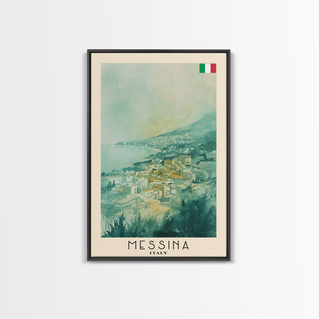 Messina Italy Travel Poster Framed Canvas Print, Urban Coastal Cityscape, Watercolor Art, Wall Decor, Home Decoration, Travel Print, Unique Art