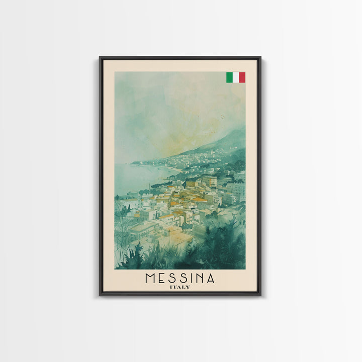 Messina Italy Travel Poster Framed Canvas Print, Urban Coastal Cityscape, Watercolor Art, Wall Decor, Home Decoration, Travel Print, Unique Art
