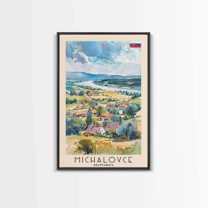 Michalovce Slovakia Travel Poster Framed Canvas Print, Scenic Landscape, Watercolor Painting, Wall Art, Home Decor, Travel Print, Original Piece