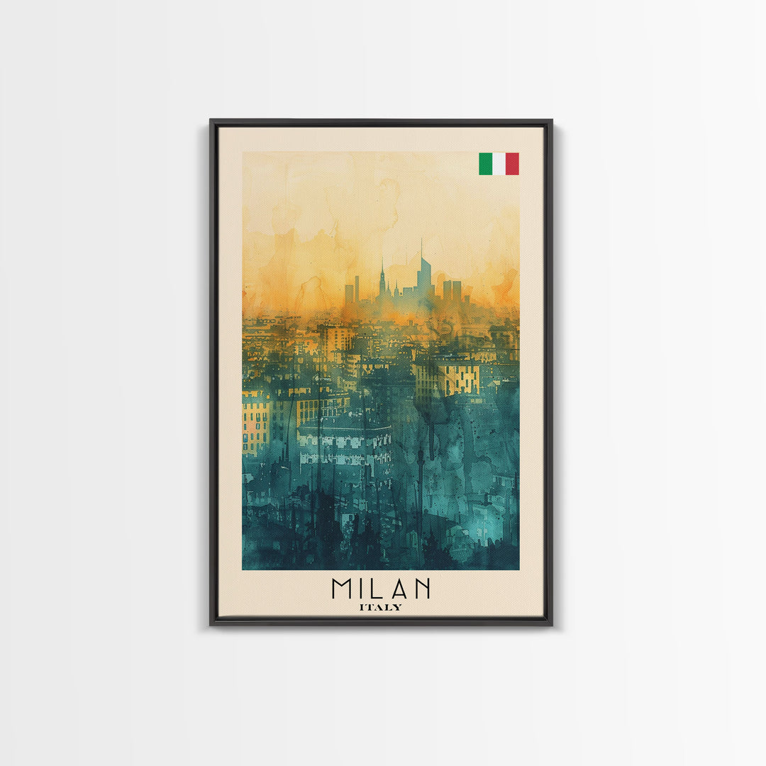 Milan Italy Travel Poster Framed Canvas Print, Iconic Landmarks, Urban Art, Wall Hanging, Home Decor, Travel Print, Artistic Gift