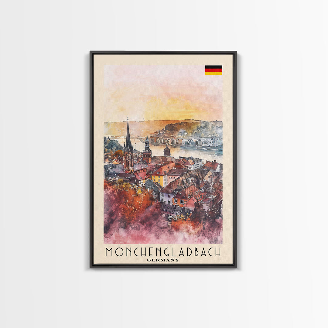 Mönchengladbach Germany Travel Poster Framed Canvas Print, Modern Cityscape, Watercolor Art, Wall Decoration, Interior Decor, Travel Print, Unique Artwork