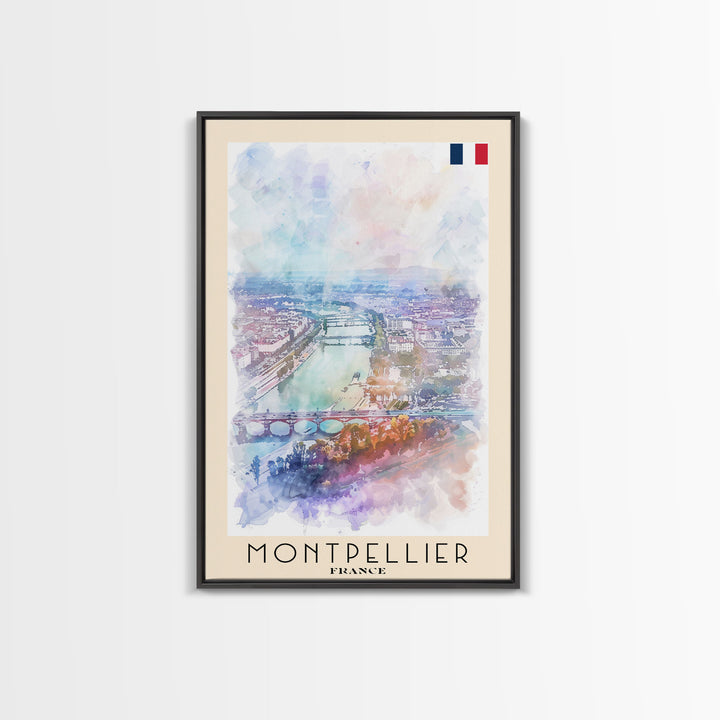 Montpellier France Travel Poster Framed Canvas Print, Vibrant Cityscape, Watercolor Art, Wall Decor, Interior Design, Travel Print, Unique Artwork