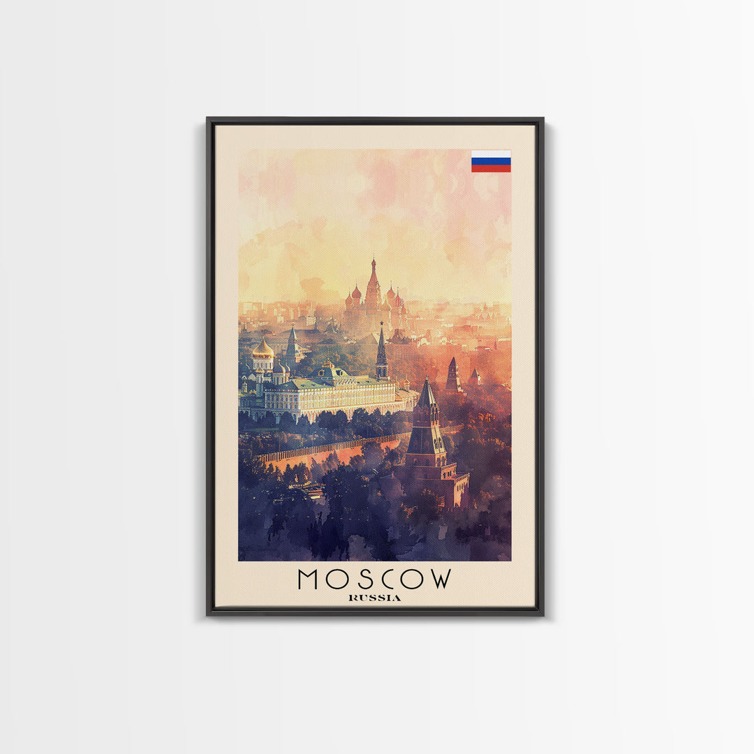 Moscow Russia Travel Poster Framed Canvas Print, Historic Landmarks, Watercolor Painting, Wall Art, Home Decor, Travel Print, Artistic Gift
