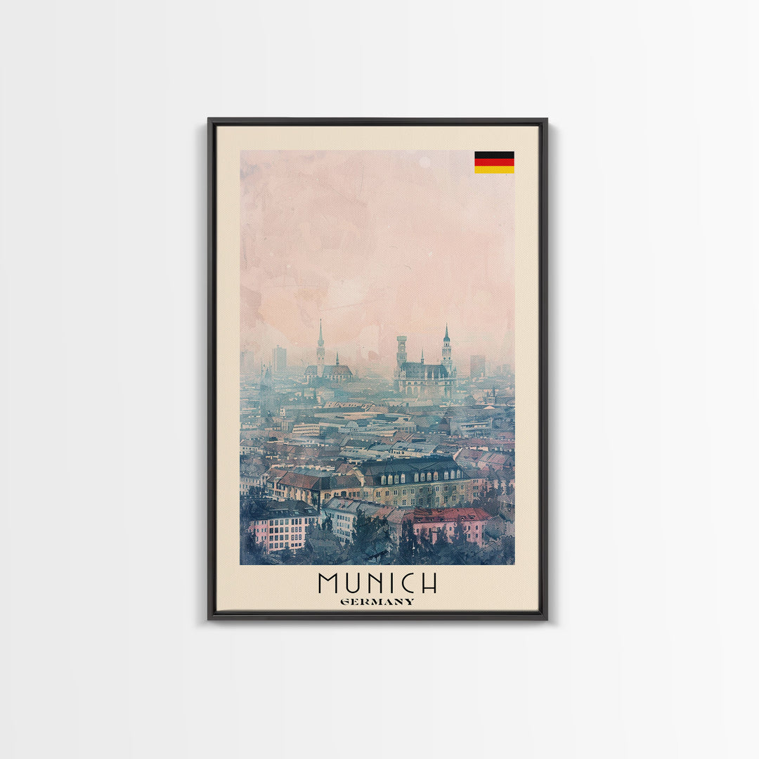 Munich Germany Travel Poster Framed Canvas Print, Iconic Cityscape, Watercolor Art, Wall Decoration, Home Decor, Travel Print, Artistic Piece