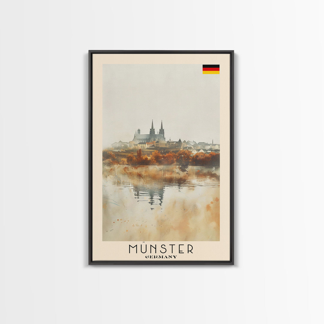Münster Germany Travel Poster Framed Canvas Print, Historic Architecture, Watercolor Painting, Wall Art, Interior Design, Travel Print, Unique Art