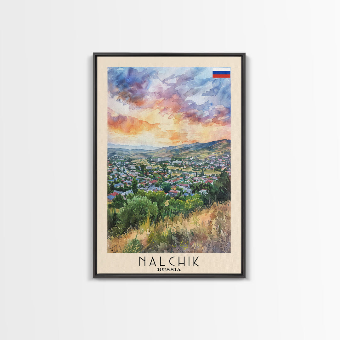 Nalchik Russia Travel Poster Framed Canvas Print, Sunset Watercolor Painting, Scenic Art, Vacation Wall Art, Living Room Decor, Unique Art