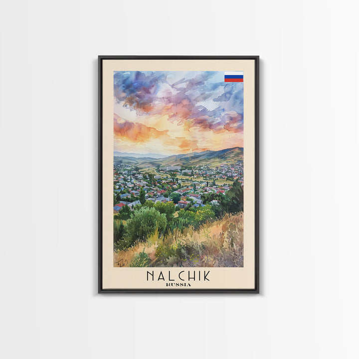 Nalchik Russia Travel Poster Framed Canvas Print, Sunset Watercolor Painting, Scenic Art, Vacation Wall Art, Living Room Decor, Unique Art