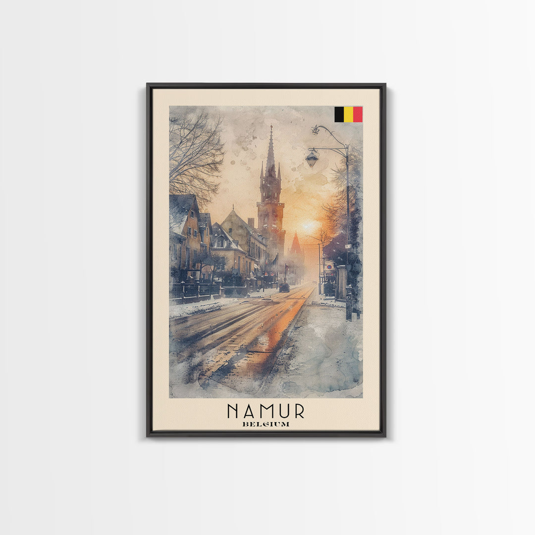 Namur Belgium Framed Canvas Print, Vintage Travel Poster, Architectural Wall Art, Watercolor Painting, Home Decor, Vacation Art, Unique Art