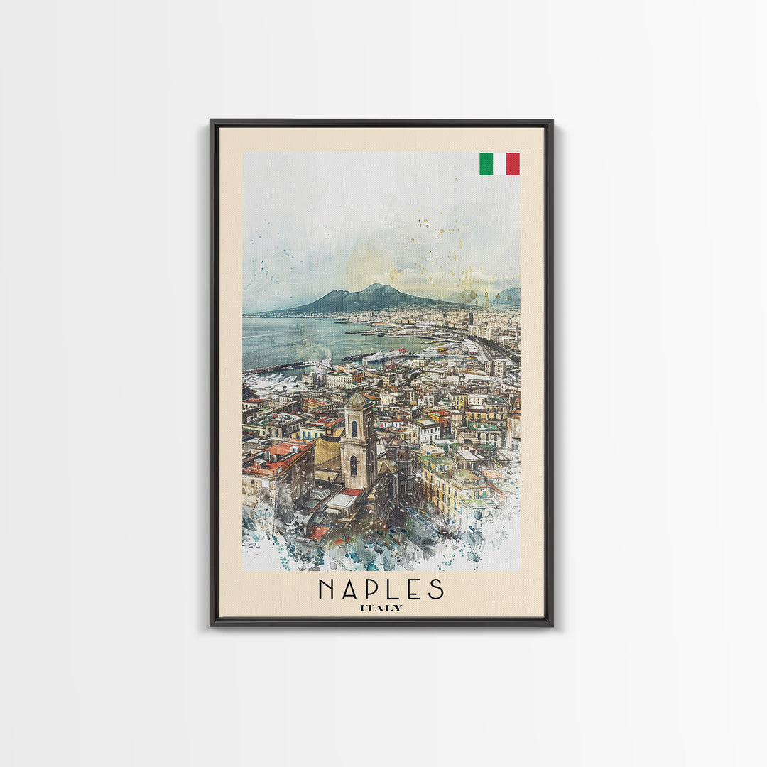 Naples Italy Framed Canvas Print, Scenic Travel Poster, Watercolor Painting, Coastal Wall Art, Home Decor, Vacation Art, Unique Art