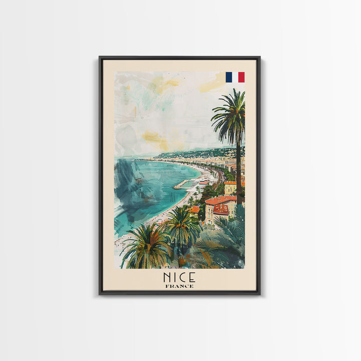 Nice France Travel Poster Framed Canvas Print, Coastal Watercolor Painting, Scenic Wall Art, Home Decor, Vacation Art, Unique Art