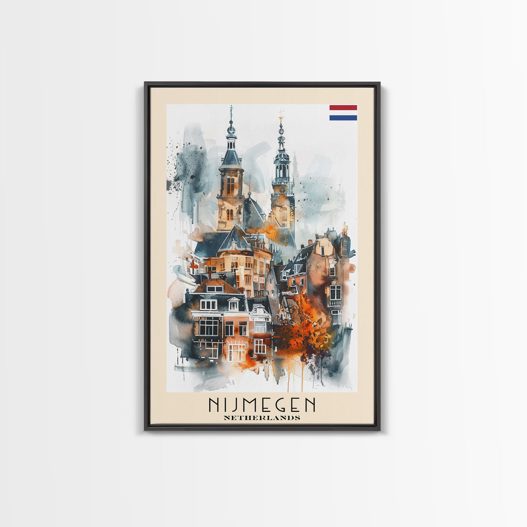 Nijmegen Netherlands Framed Canvas Print, Urban Travel Poster, Watercolor Painting, Architectural Wall Art, Home Decor, Unique Art
