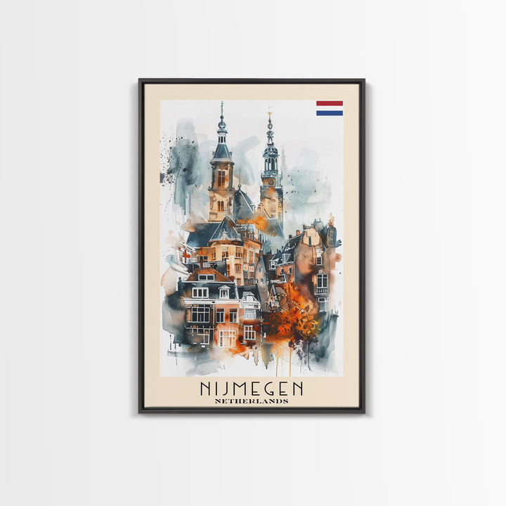 Nijmegen Netherlands Framed Canvas Print, Urban Travel Poster, Watercolor Painting, Architectural Wall Art, Home Decor, Unique Art