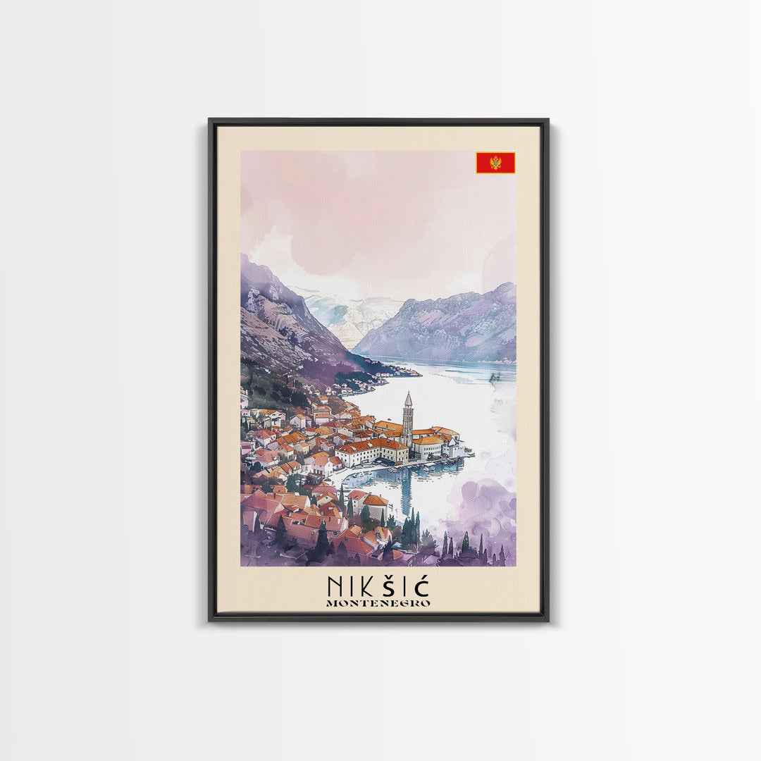 Niksic Montenegro Framed Canvas Print, Scenic Travel Poster, Watercolor Painting, Wall Art, Home Decor, Montenegro Landscape, Rustic Decor