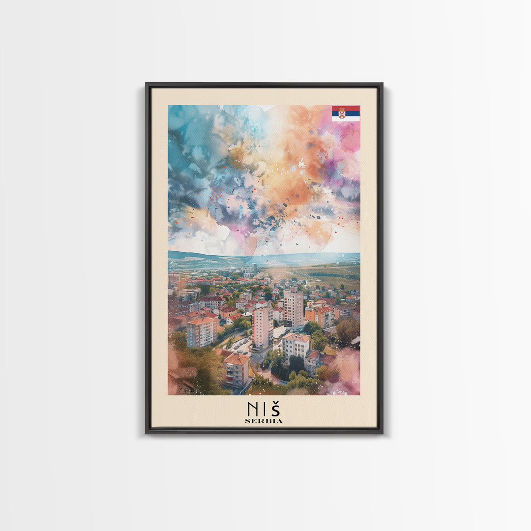 Nis Serbia Framed Canvas Print, Historic Travel Poster, Watercolor Painting, Wall Art, Home Decor, Serbian Culture, Vintage Art