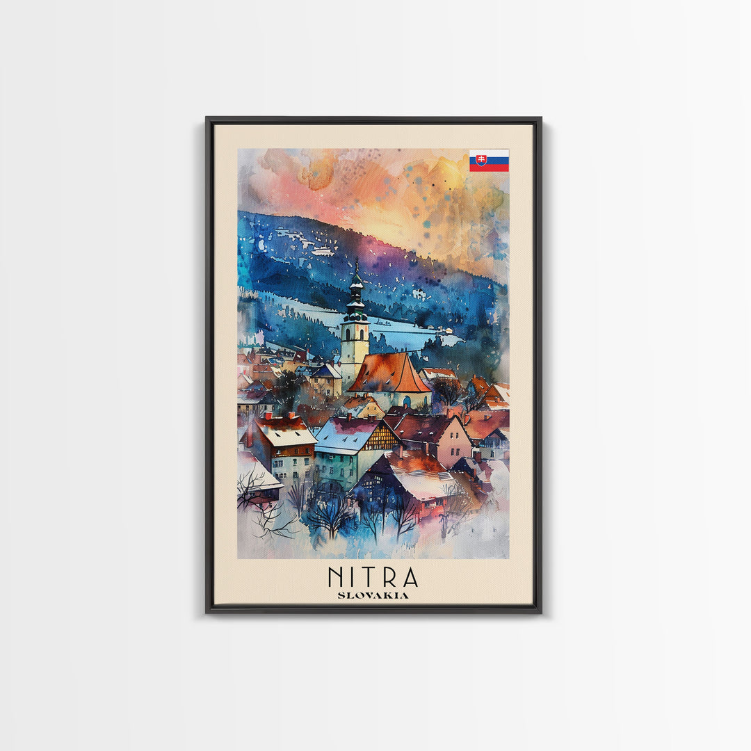 Nitra Slovakia Framed Canvas Print, Scenic Travel Poster, Watercolor Painting, Wall Art, Home Decor, Slovakian Landscape, Modern Art