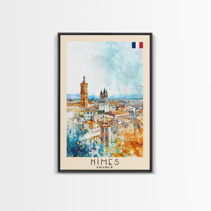 Nîmes France Framed Canvas Print, Historic Travel Poster, Watercolor Painting, Wall Art, Home Decor, French Architecture, Vintage Style