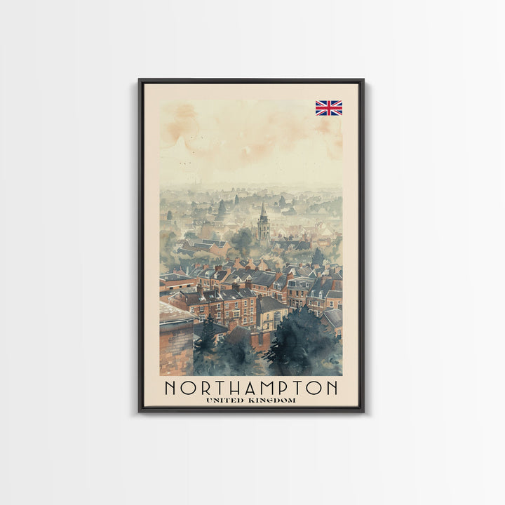 Northampton United Kingdom Travel Poster Framed Canvas Print, Watercolor Painting, Scenic Wall Art, Home Decor, British Landscape, Classic Art