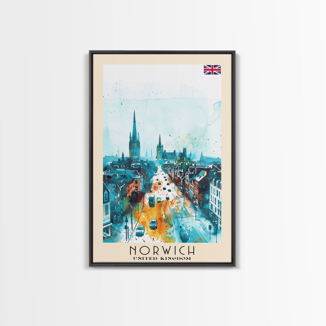 Norwich United Kingdom Travel Poster Framed Canvas Print, Watercolor Painting, Historic Wall Art, Home Decor, British Architecture, Artistic Decor