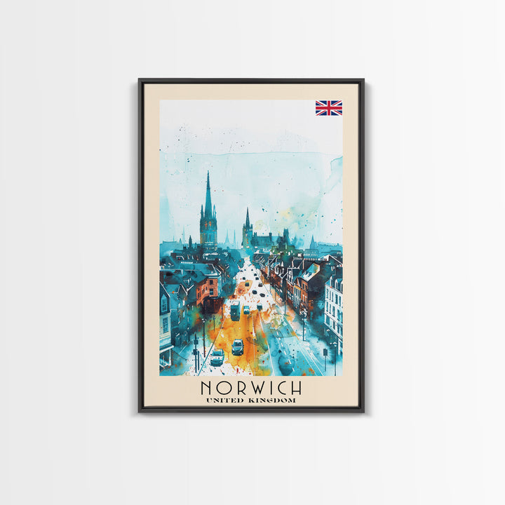 Norwich United Kingdom Travel Poster Framed Canvas Print, Watercolor Painting, Historic Wall Art, Home Decor, British Architecture, Artistic Decor