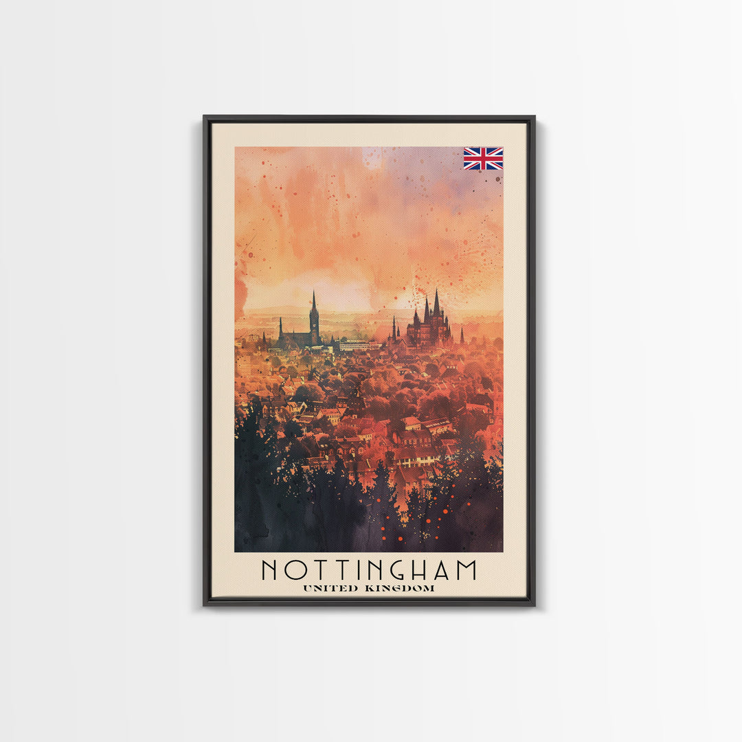 Nottingham United Kingdom Travel Poster Framed Canvas Print, Watercolor Painting, Scenic Wall Art, Home Decor, British Cityscape, Modern Art