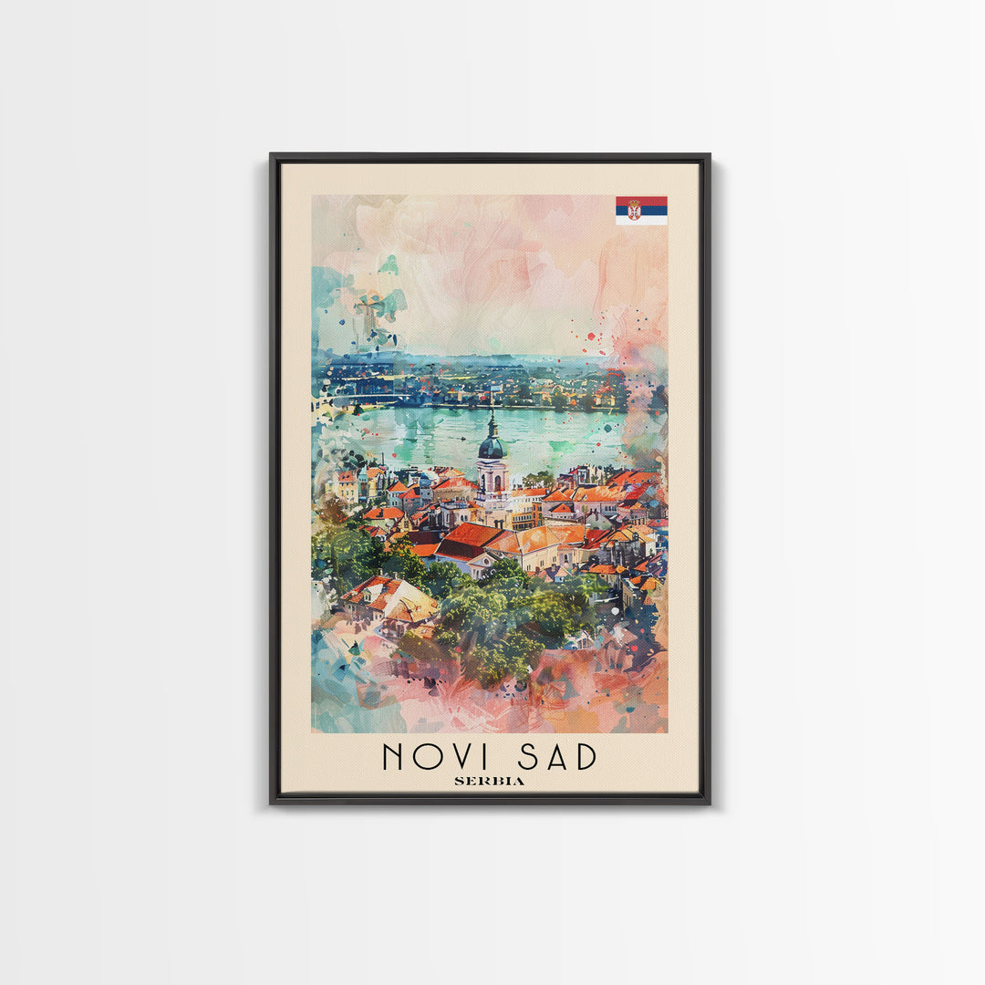 Novi Sad Serbia Travel Poster Framed Canvas Print, Watercolor Painting, Scenic Wall Art, Home Decor, Serbian Cityscape, Historic Art
