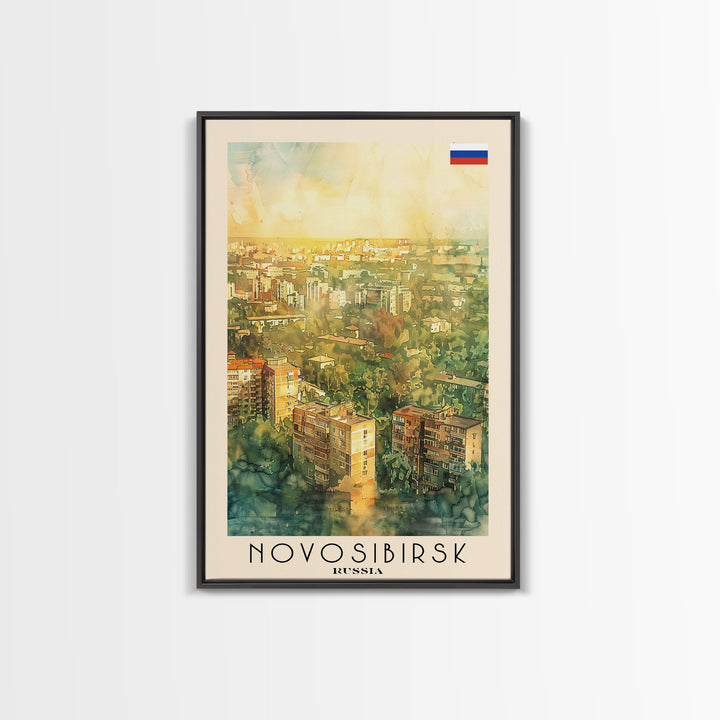Novosibirsk Russia Travel Poster Framed Canvas Print, Watercolor Painting, Urban Wall Art, Home Decor, Russian Cityscape, Contemporary Art