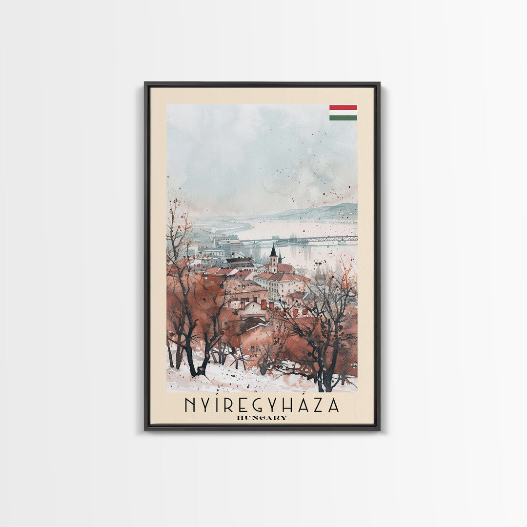 Nyiregyhaza Hungary Travel Poster Framed Canvas Print, Watercolor Painting, Scenic Wall Art, Home Decor, Hungarian Landscape, Rustic Art