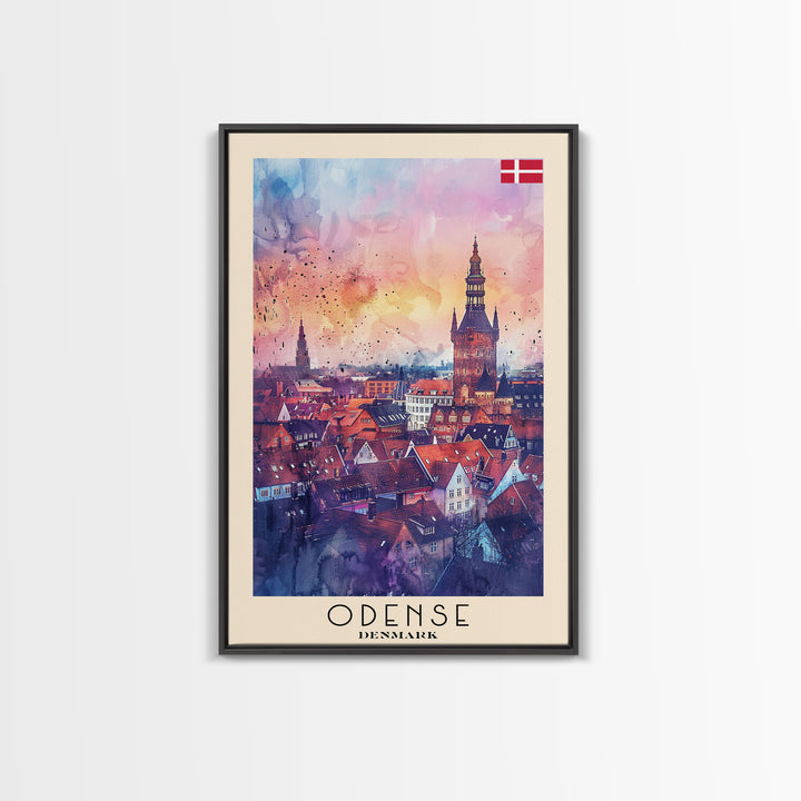 Odense Denmark Travel Poster Framed Canvas Print, Watercolor Painting, Scenic Wall Art, Home Decor, Danish Cityscape, Artistic Decor