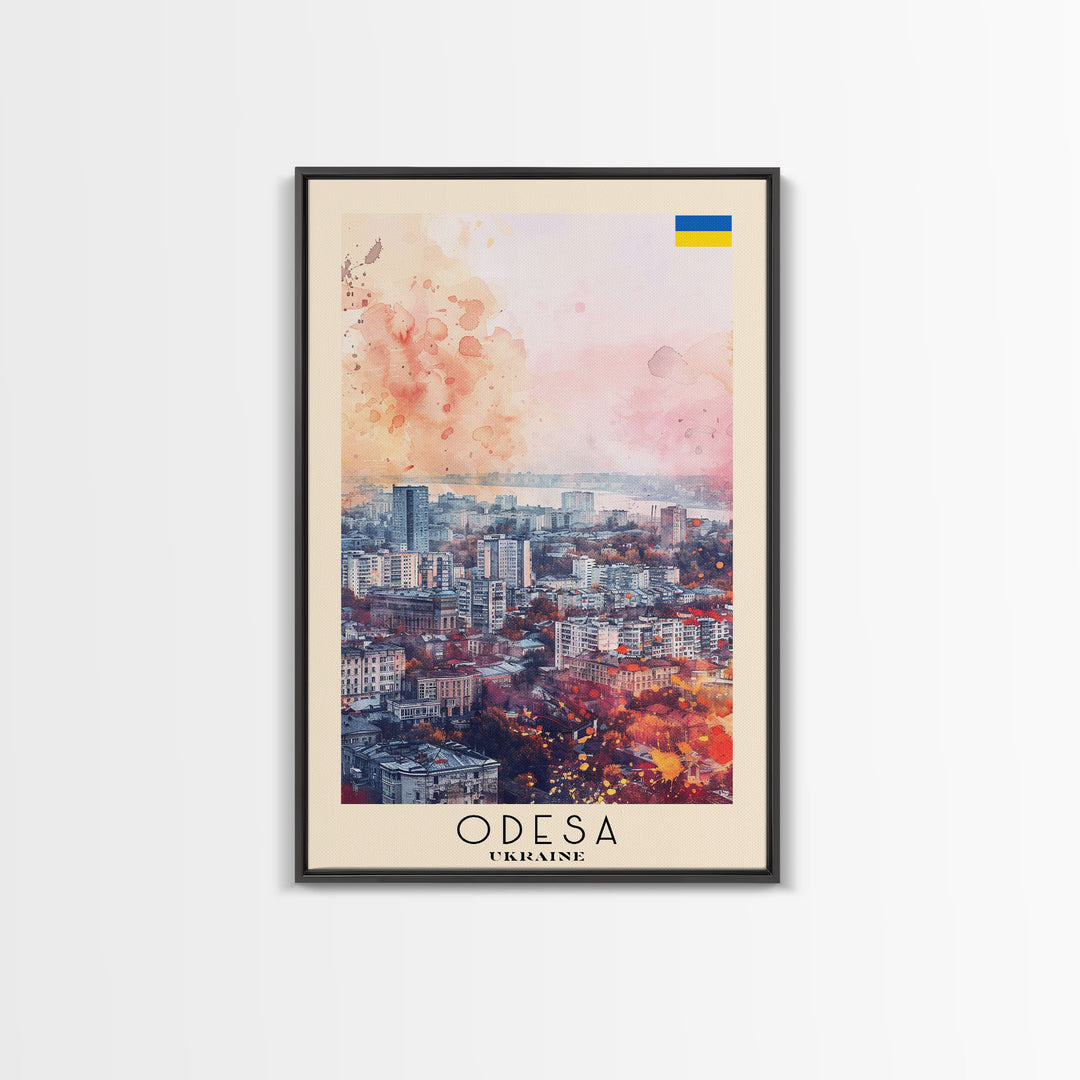 Odesa Ukraine Travel Poster Framed Canvas Print, Watercolor Painting, Scenic Wall Art, Home Decor, Ukrainian Coastal Scene, Vibrant Art