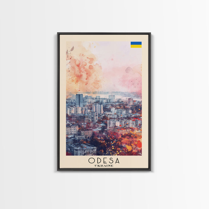 Odesa Ukraine Travel Poster Framed Canvas Print, Watercolor Painting, Scenic Wall Art, Home Decor, Ukrainian Coastal Scene, Vibrant Art