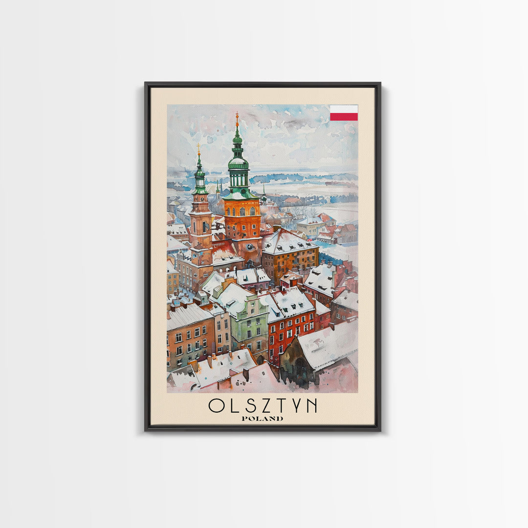 Olsztyn Poland Travel Poster Framed Canvas Print, Watercolor Painting, Scenic Wall Art, Home Decor, Polish Landscape, Classic Art