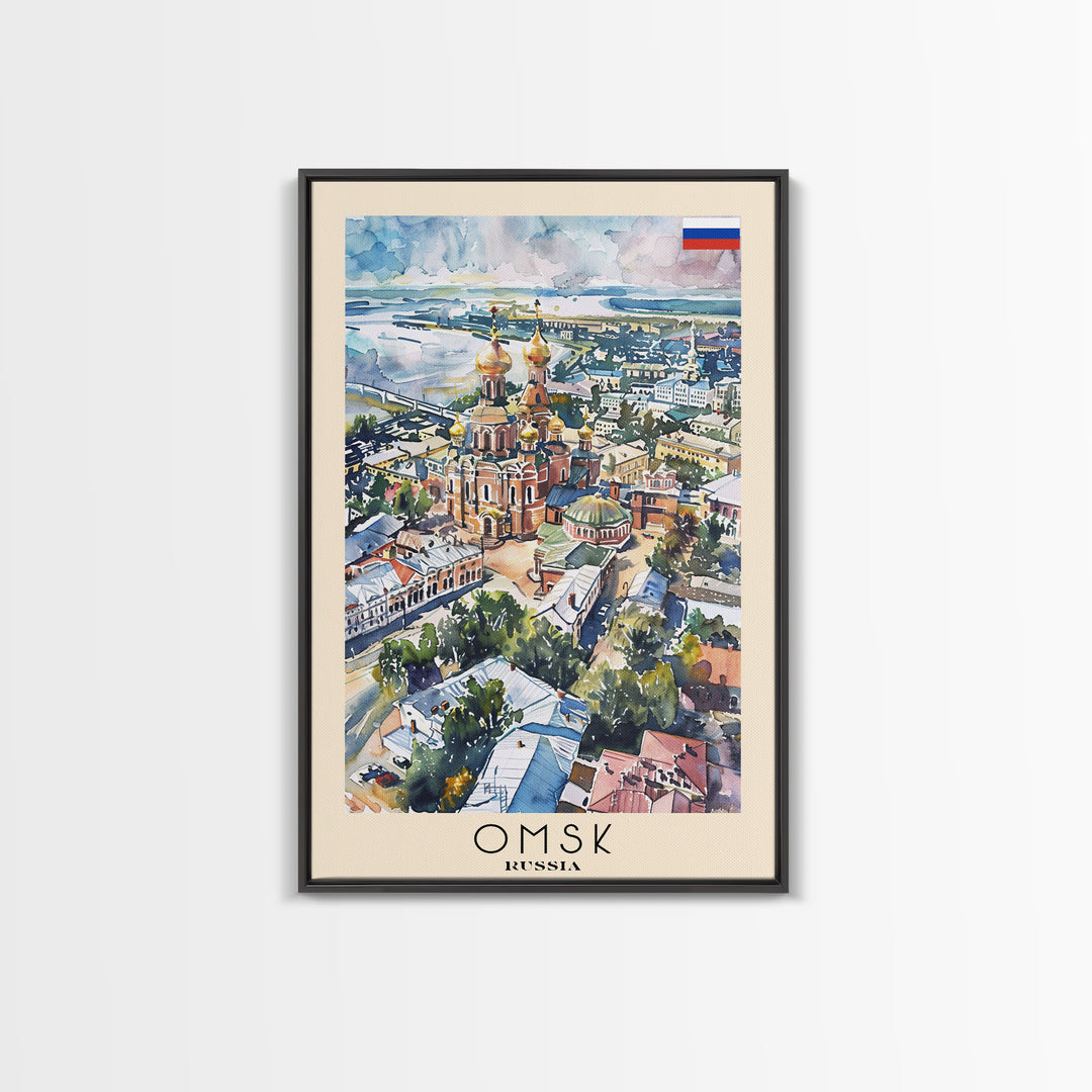 Omsk Russia Travel Poster Framed Canvas Print, Watercolor Painting, Urban Wall Art, Home Decor, Russian Cityscape, Modern Art