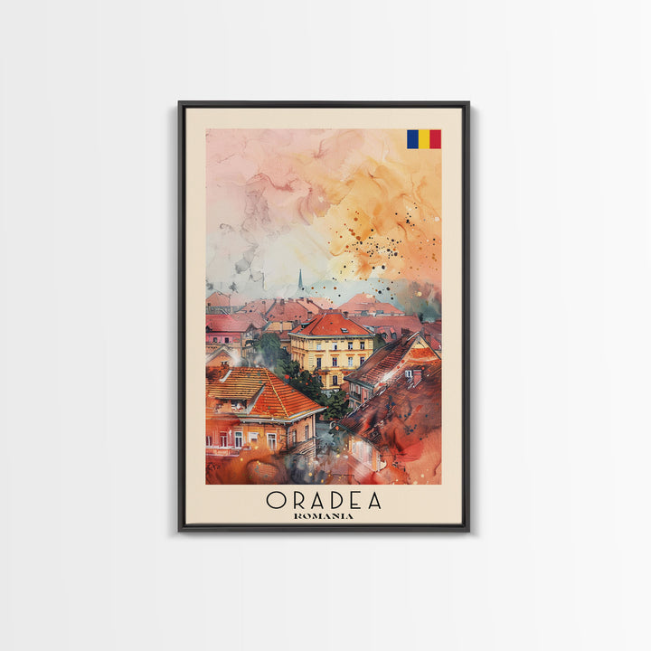 Oradea Romania Travel Poster Framed Canvas Print, Watercolor Painting, Scenic Wall Art, Home Decor, Romanian Architecture, Artistic Decor