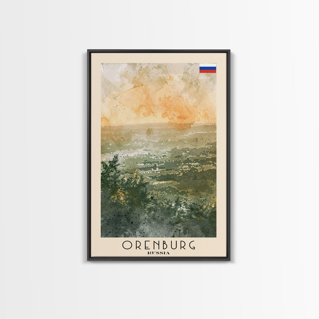 Orenburg Russia Travel Poster Framed Canvas Print, Watercolor Painting, Urban Wall Art, Home Decor, Russian Architecture, Contemporary Art