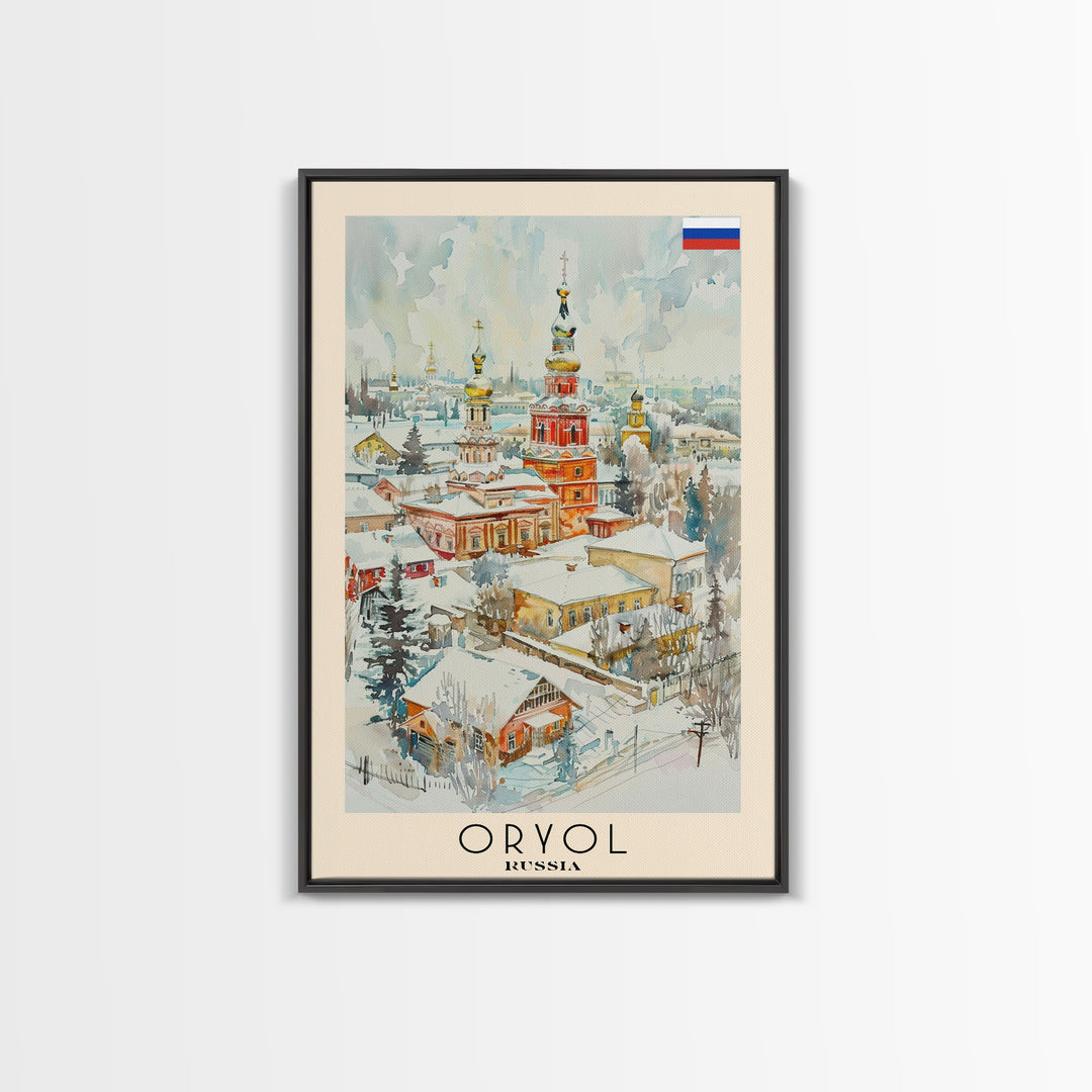 Oryol Russia Travel Poster Framed Canvas Print, Watercolor Painting, Scenic Wall Art, Home Decor, Russian Landscape, Vintage Style