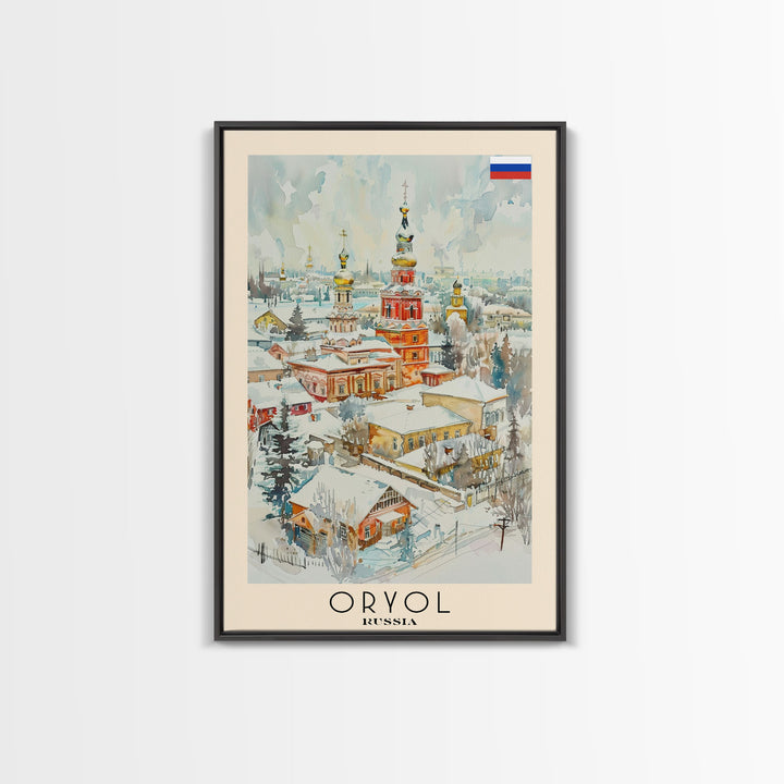 Oryol Russia Travel Poster Framed Canvas Print, Watercolor Painting, Scenic Wall Art, Home Decor, Russian Landscape, Vintage Style